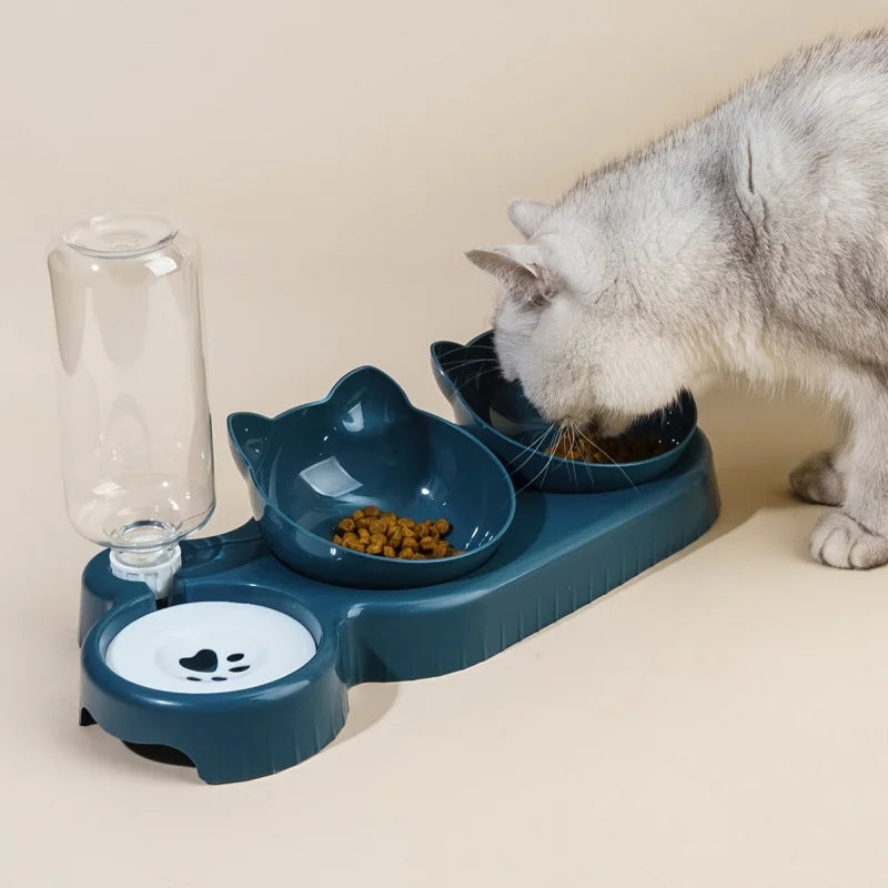 Pet Bowl with Water Feeder, 3-in-1 Ear Design Tilting Cat Water and Food Bowl with Gravity Water Bottle for Neck Protection