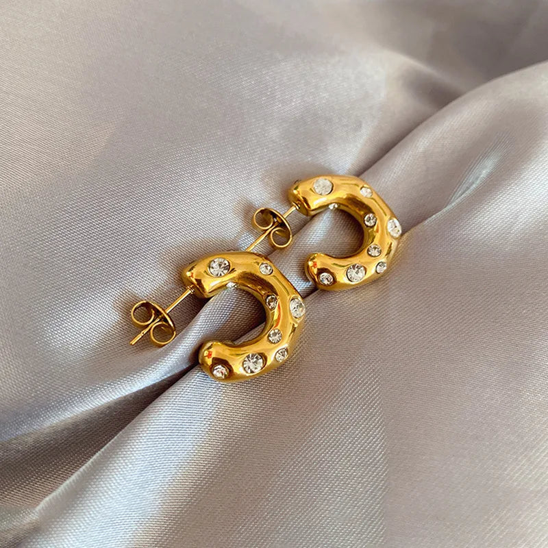 Retro Personality Colorful Zircon C Shape Stud Earrings for Women Charm Gold Color Stainless Steel Crystal Dangle Jewelry Gift