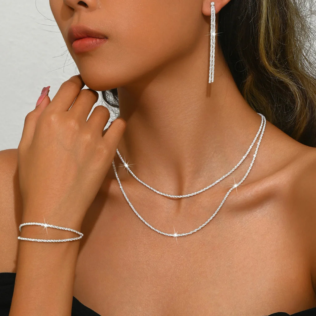 Shiny Silver Plated Collarbone Chain Necklace Bracelet Jewelry, Women's Minimalist Starry Sky Accessories