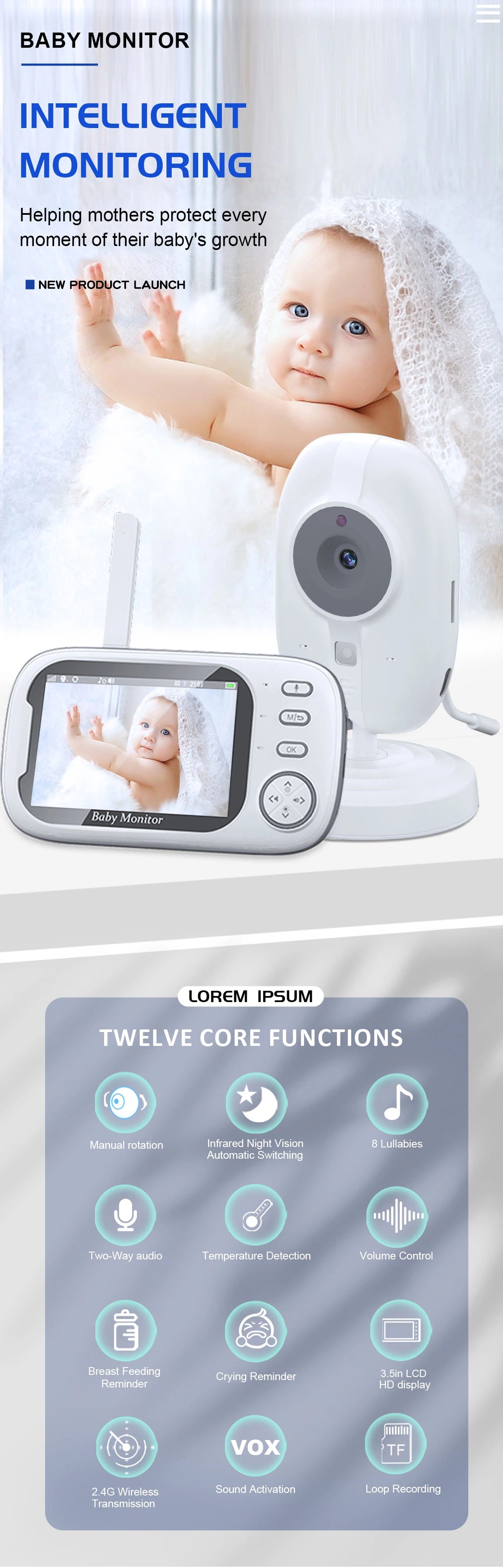 3.5 inch Wireless Video Baby Monitor Night Vision Temperature Monitoring 2 Way Audio Talk Baby Nanny Security Camera