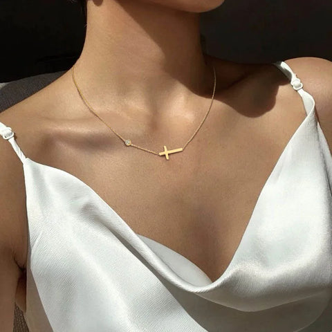 Stainless Steel Necklace for Women Vintage Style Gold Color Cross Shape Necklace