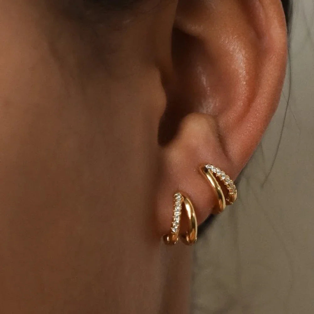 Dainty Tiny Layered Gold Plated Copper Metal Paved CZ Huggie Hoop Earrings for Women Girls Luxury Elegant Catilage Hoops Jewelry