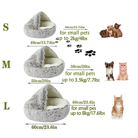 Plush Hooded Pet Bed Round Fluffy Soft Cat Bed Pet Cushion Warm Cat Dog 2 in 1 Sleeping Nest Cave for Small Dogs