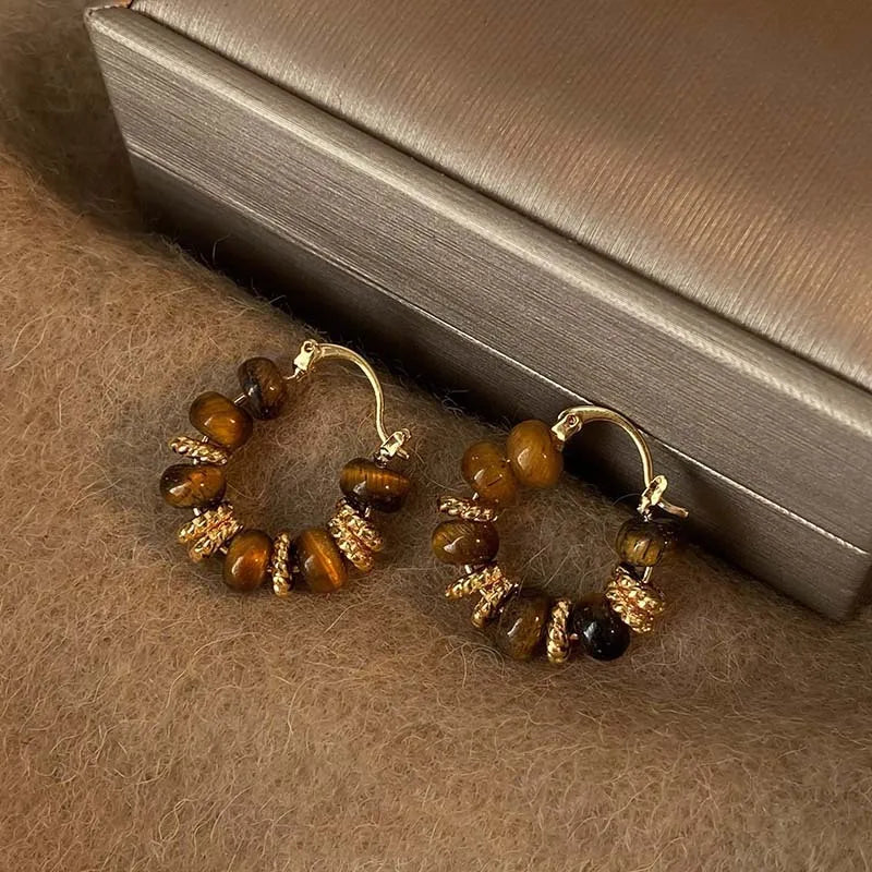 Temperament Vintage Brown Enamel Zircon Hoop Earrings for Women Exquisite Stainless Steel Beaded Wedding Bride Jewelry Accessory