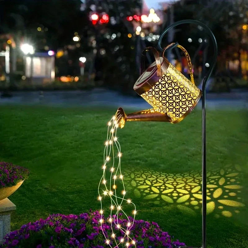 Large Retro Metal Lantern Solar Watering Can Light Outdoor Waterproof Shower Lights Hanging Star LED Fairy for Garden Decoration