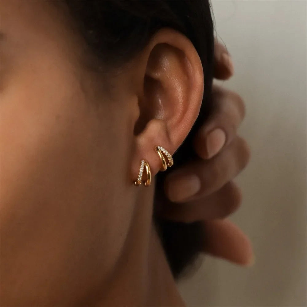 Dainty Tiny Layered Gold Plated Copper Metal Paved CZ Huggie Hoop Earrings for Women Girls Luxury Elegant Catilage Hoops Jewelry