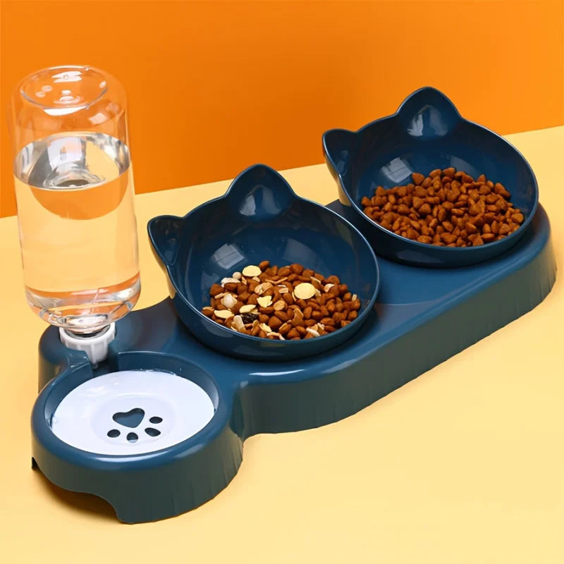 Pet Bowl with Water Feeder, 3-in-1 Ear Design Tilting Cat Water and Food Bowl with Gravity Water Bottle for Neck Protection