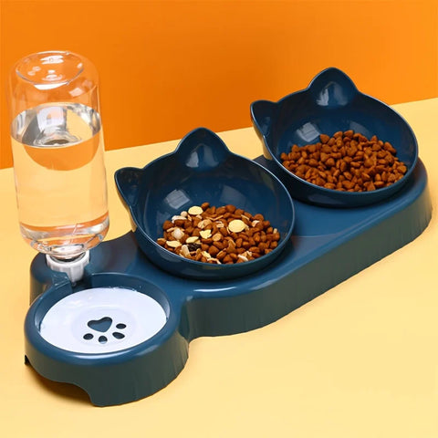 Pet Bowl with Water Feeder, 3-in-1 Ear Design Tilting Cat Water and Food Bowl with Gravity Water Bottle for Neck Protection