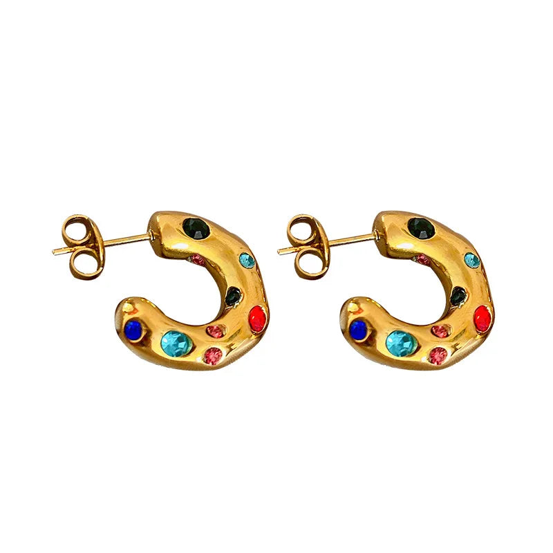 Retro Personality Colorful Zircon C Shape Stud Earrings for Women Charm Gold Color Stainless Steel Crystal Dangle Jewelry Gift