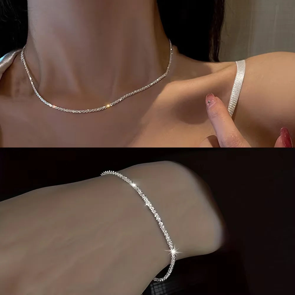 Shiny Silver Plated Collarbone Chain Necklace Bracelet Jewelry, Women's Minimalist Starry Sky Accessories