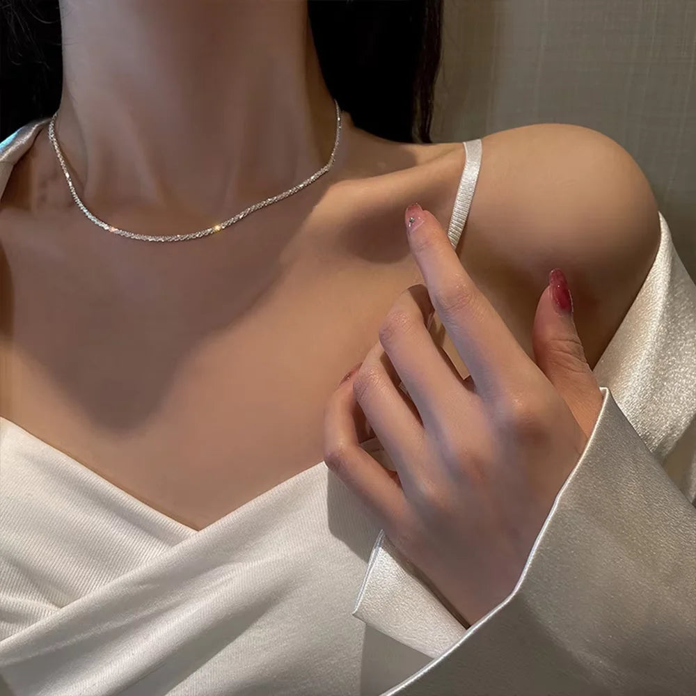 Shiny Silver Plated Collarbone Chain Necklace Bracelet Jewelry, Women's Minimalist Starry Sky Accessories